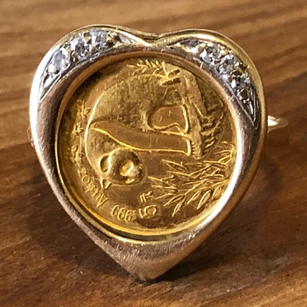 Heart Shaped 14K & Diamond Ring w/ 5 Yuan .999 Gold Panda Coin Size 6